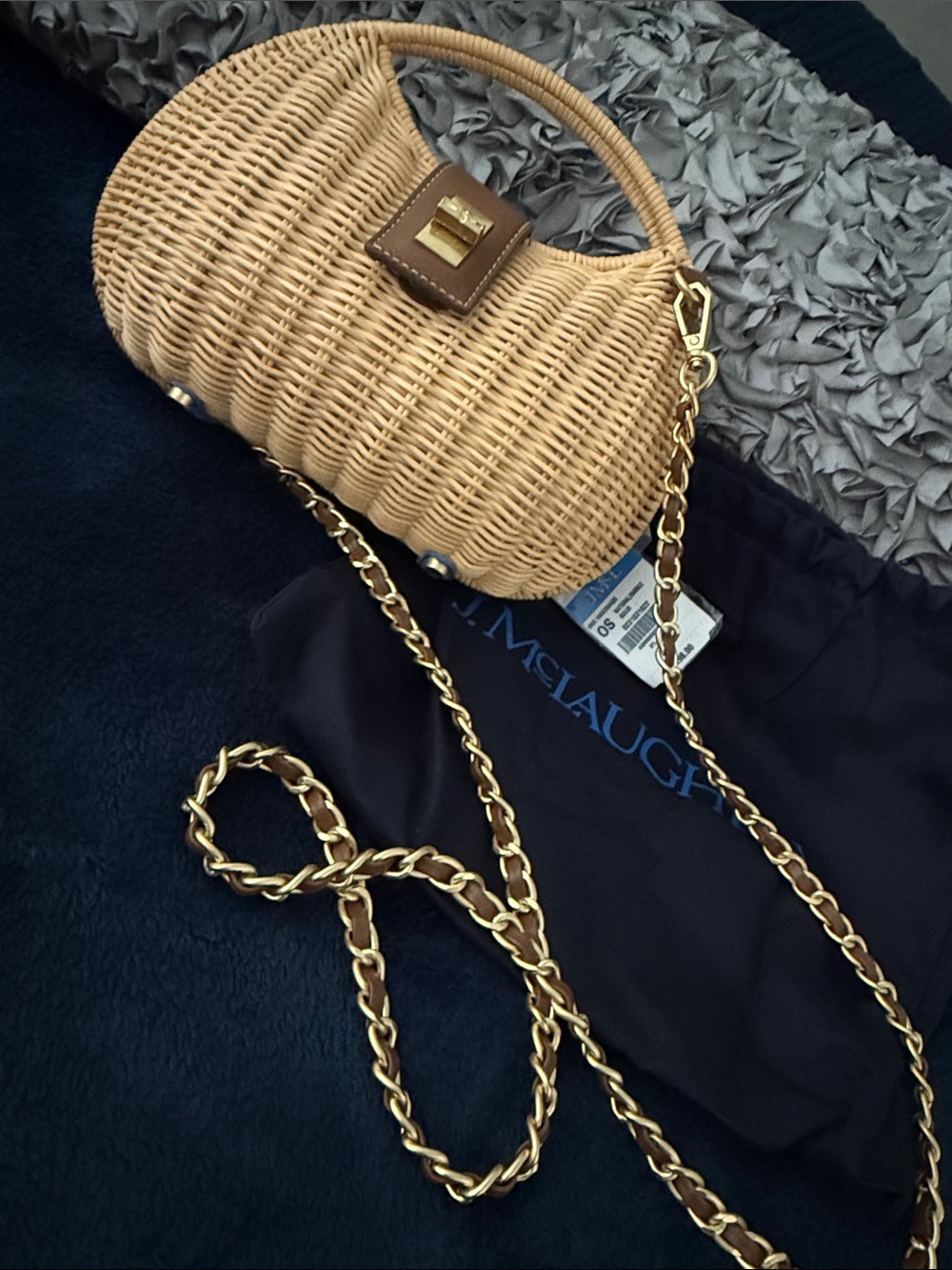 J. McLaughlin Tan Woven Crossbody with Gold Chain Strap